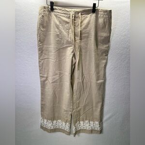 Talbots Linen Embroidered Capri Pants Womens 12 Wide  Leg Floral Soft Cute 2041